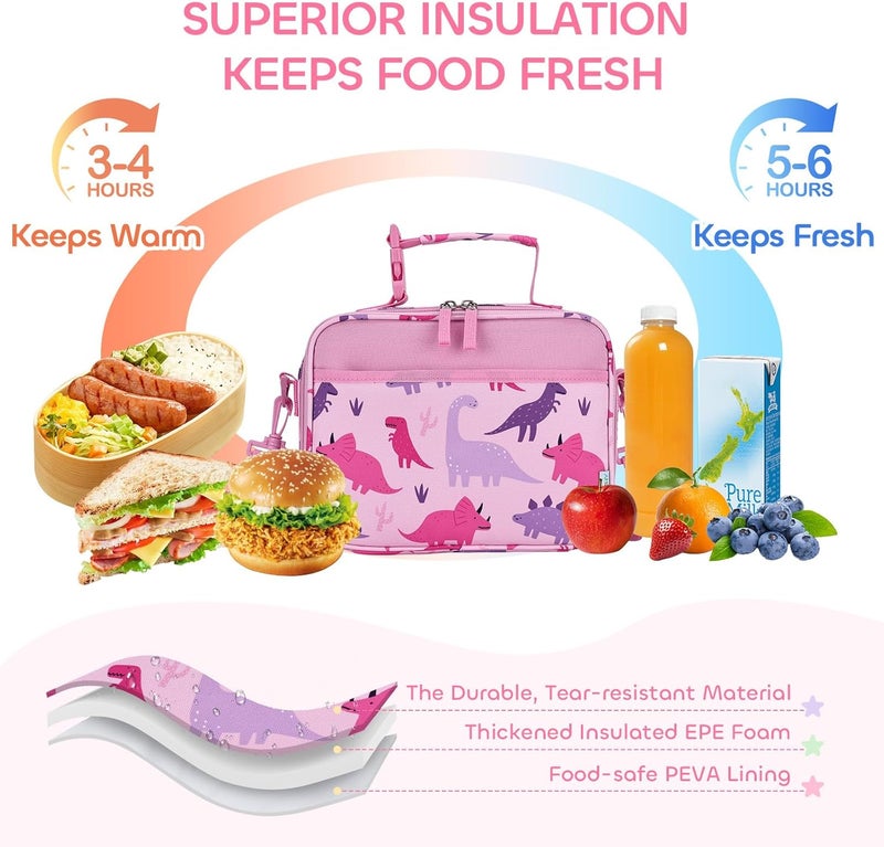 Vaschy Lunch Box Bag for Kids, Reusable Insulated Lunch Box Containers Coolers for Toddler Boys and Girls with Detachable Shoulder Strap for Daycare School Pink Dinosaurs - Image 3