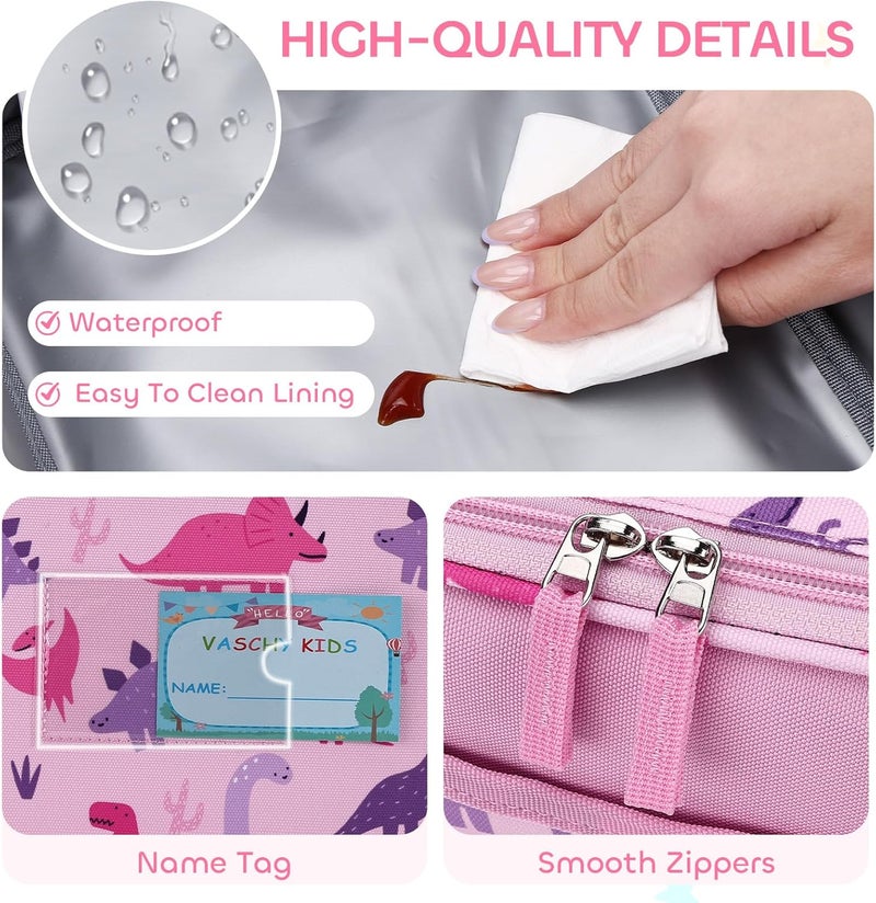 Vaschy Lunch Box Bag for Kids, Reusable Insulated Lunch Box Containers Coolers for Toddler Boys and Girls with Detachable Shoulder Strap for Daycare School Pink Dinosaurs - Image 5