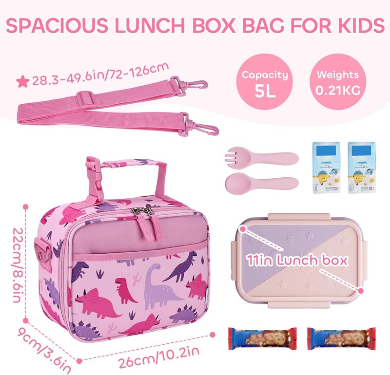 Vaschy Lunch Box Bag for Kids, Reusable Insulated Lunch Box Containers Coolers for Toddler Boys and Girls with Detachable Shoulder Strap for Daycare School Pink Dinosaurs - Image 2