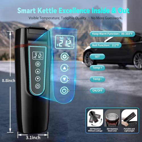 FVPE Car Electric Kettle for Travel : FVPE 12V/24V Small Electric Water Kettle, Multi-Temp Control 400 mL Portable Car Water Boiler for Brewing Coffee Tea,LCD Display 304 Stainless Steel Truck Heating Cup - Image 4
