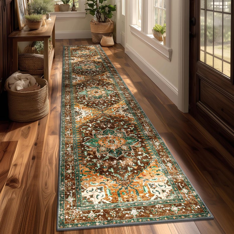 Yamaziot Washable Runner Rug, 2x10 Non-Slip Boho Vintage Hallway Rug Runner with Rubber Backing, Stain Resistant Distressed Carpet Runner for Bedroom, Kitchen, Laundry, Entrance - Image 1