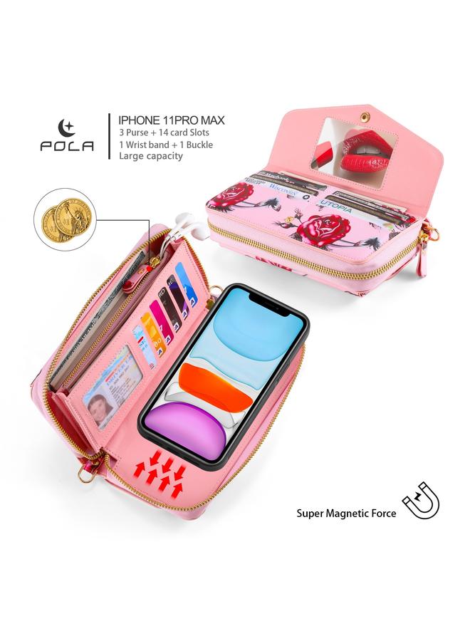 Zaboon Case For iPhone 11 Pro Max POLA Flower Multi-functional Crossbody Zipper Wallet Leather Phone Case - Image 3