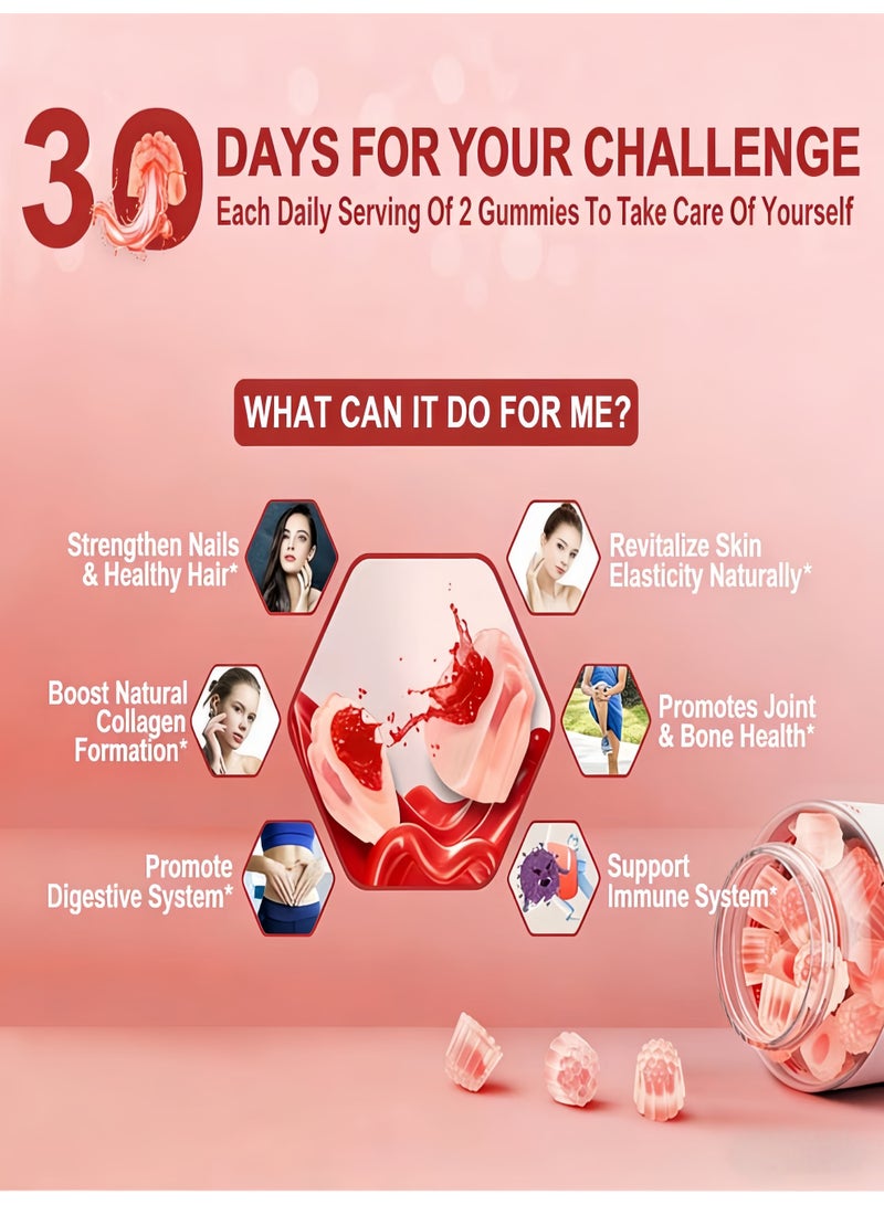 LINE ONE Hydrolyzed Collagen Gummies (Type I,II,III,V&X) with Biotin & Multivitamins | Sugar-Free, Strawberry Flavor, 60 Gummies | Supports Skin, Hair, Nails, Joint & Immune Health - Image 2