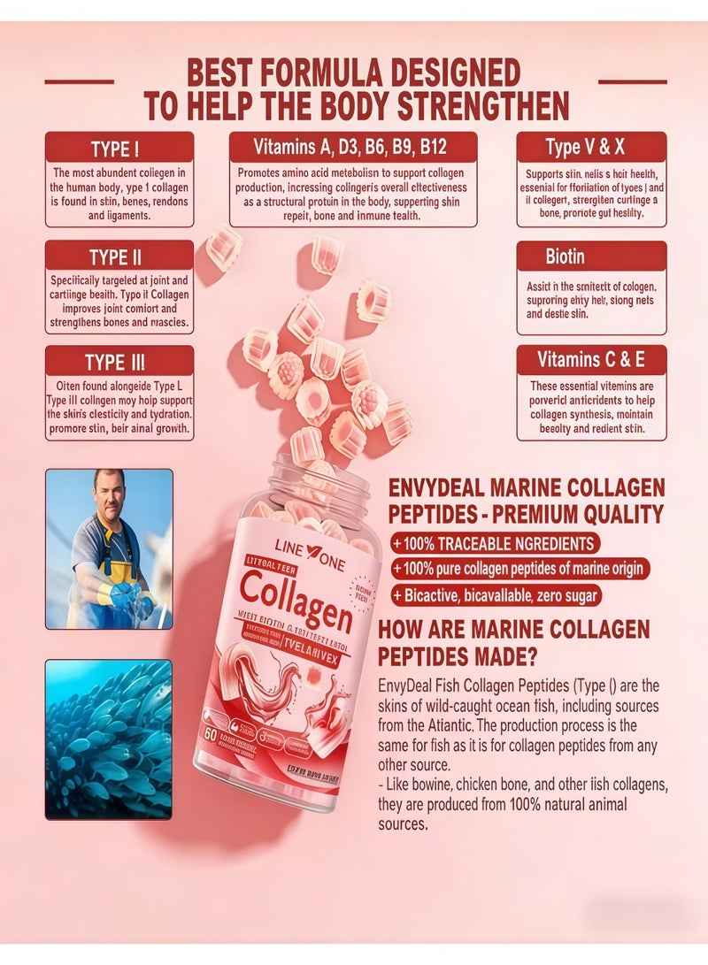LINE ONE Hydrolyzed Collagen Gummies (Type I,II,III,V&X) with Biotin & Multivitamins | Sugar-Free, Strawberry Flavor, 60 Gummies | Supports Skin, Hair, Nails, Joint & Immune Health - Image 3