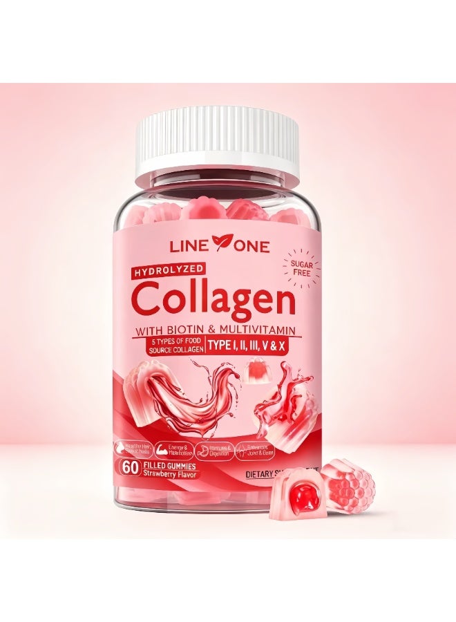 LINE ONE Hydrolyzed Collagen Gummies (Type I,II,III,V&X) with Biotin & Multivitamins | Sugar-Free, Strawberry Flavor, 60 Gummies | Supports Skin, Hair, Nails, Joint & Immune Health - Image 1
