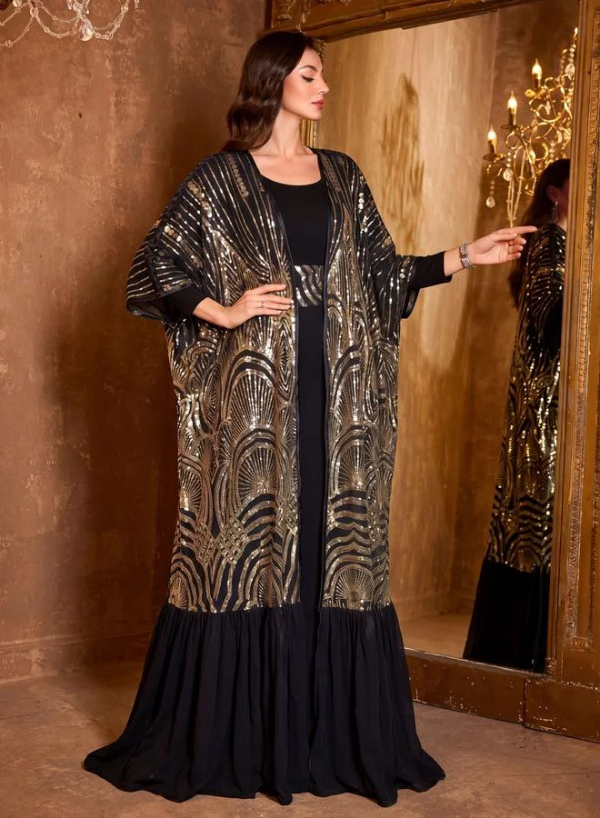 Supgir Black Sequin Front Open Kimono and Maxi Dress Co-ord Set