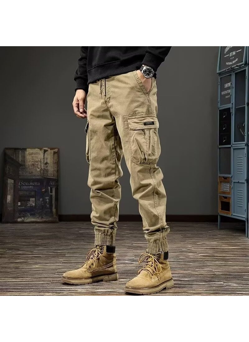 Generic - 2025 Spring Autumn Japanese Vintage Cargo Pants Men Loose-Fit Straight-Leg Casual Trousers Large Pocket Trendy Brand Wide-Leg Pa Khaki - Image 1