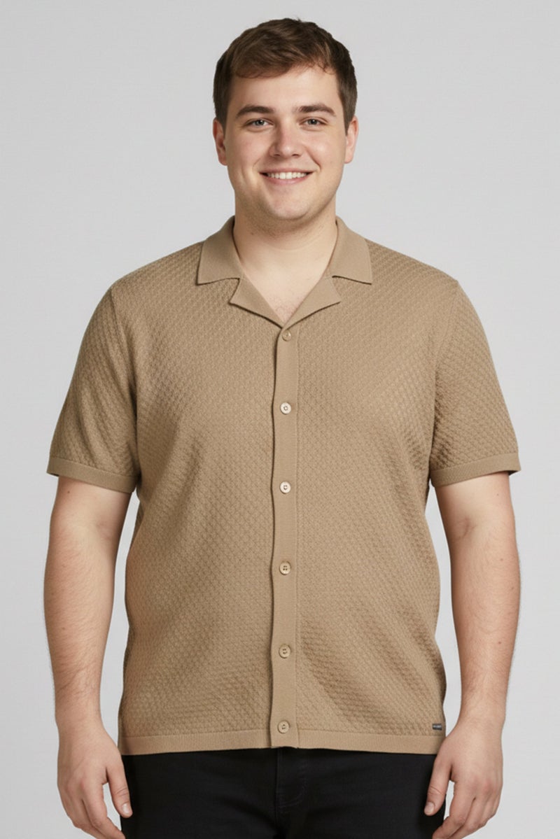 Threadbare Men Regular Fit Textured Short Sleeve Casual Shirt, Khaki - Image 1