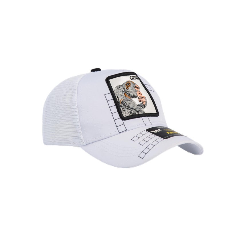 Genius Patch Trucker Cap, White, Mesh Back, Embroidered Patch, Adjustable Snapback, Structured Front Panel