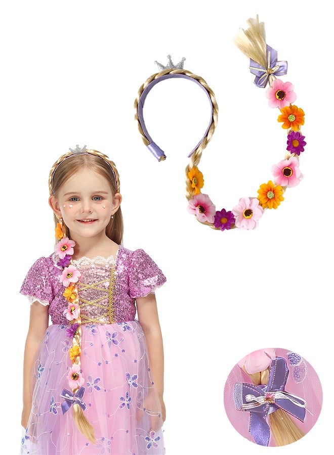 Lemon Princess Rapunzel Long Braided, Wig Headbands Princess, Dress up Wigs Hairpiece with Flowers for  Party Costume Hair Accessories - Image 1