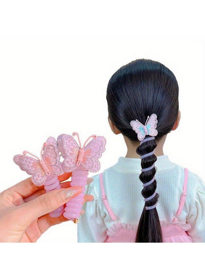 PRETOX Hair Braids Ties for Girls Embroidered Butterfly Charm Spring Coil Spiral Ponytail Maker Cute Accessories Kids Telephone Wire Band Elastic Tie Holder Children Gift (2 PCS -Multocolors) - Image 1