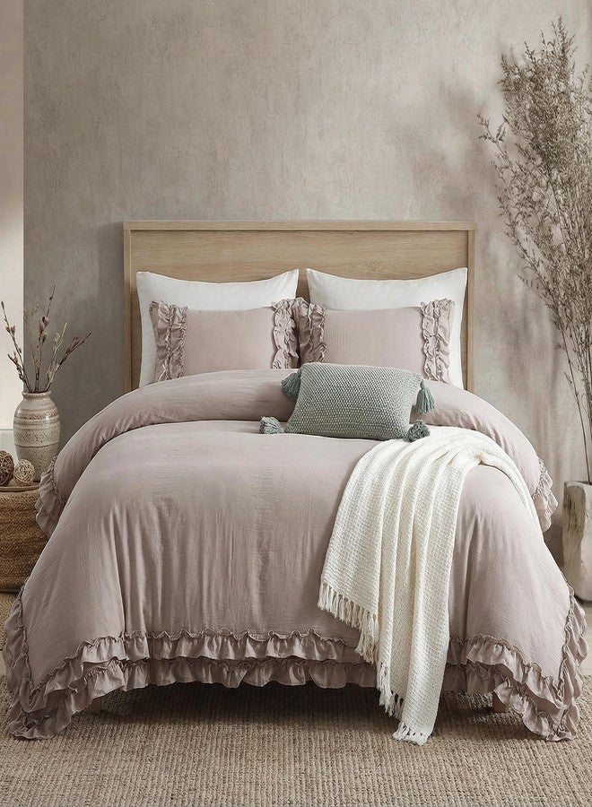 Bedorm Taupe Duvet Cover Set King Ruffle Bedding Set Pleat Ruffled Shabby Chic Comforter Cover Extra Soft & Easy Care Boho Duvet Cover with Zipper Closure - Image 1