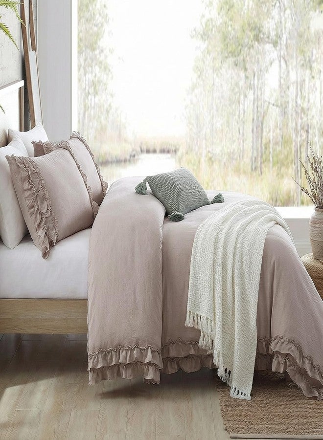 Bedorm Taupe Duvet Cover Set King Ruffle Bedding Set Pleat Ruffled Shabby Chic Comforter Cover Extra Soft & Easy Care Boho Duvet Cover with Zipper Closure - Image 4
