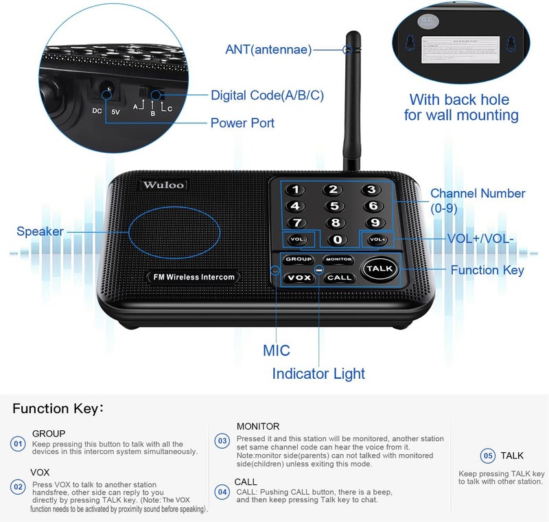 Wuloo Intercoms Wireless for Home 5280 Feet Range 10 Channel 3 Code, Wireless Intercom System for Home House Business Office, Room to Room Intercom, Home Communication System (3 Packs, Black) - Image 4