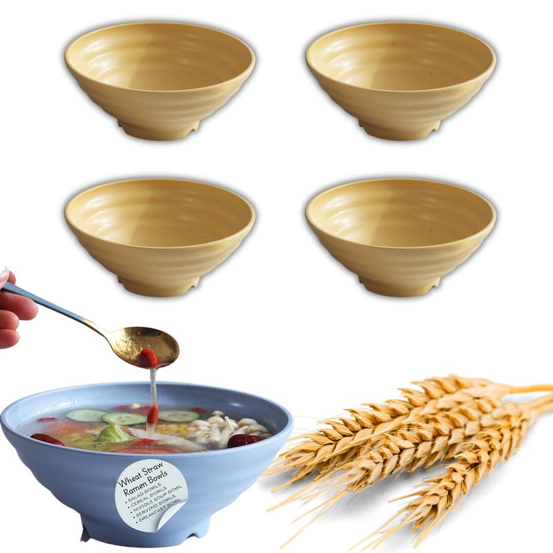 RoarCraft Unbreakable Wheat Straw Bowls - Durable BPA-Free Lightweight Cereal Bowls, Camping, Serving Meals, or Everyday use for Soup, Oatmeal, Ramen, Salad (Yellow, 19 x 7.5 CM, Pack of 4) - Image 1