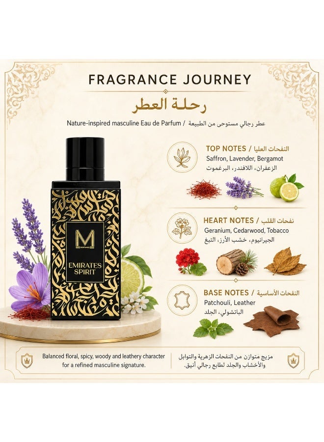 VM PERFUMES Emirates Spirit Eau de Parfum for Men 100ml – Saffron, Lavender, Tobacco & Patchouli with Leather and Cedarwood - Image 3