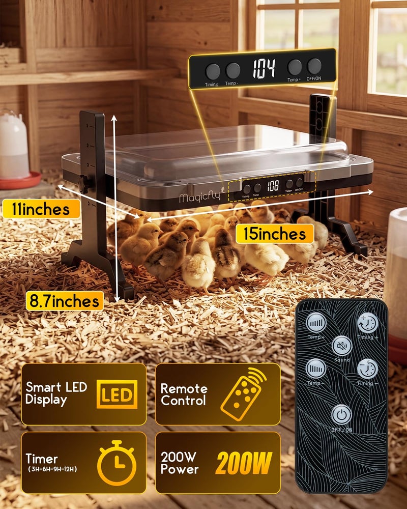 Magicfly Brooder Plate for Chicks, Magicfly 200W Adjustable Chick Brooder Heater with Temp & Timer, UL-Compliant Safe Design, Radiant Brooding Box Coop Warmer with Remote Control & Cover for Ducklings Poults - Image 5