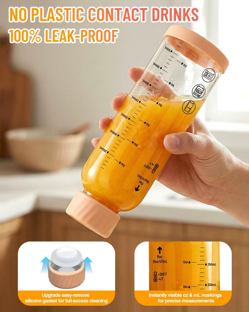 Zukro 12oz Glass Water Bottles with Stainless Steel Lid & Measurment Marking - Leak Proof, BPA Free, Reusable Borosilicate Bottle For Juicing, Protein, Juice & Smoothies - 6 Pack - Image 2