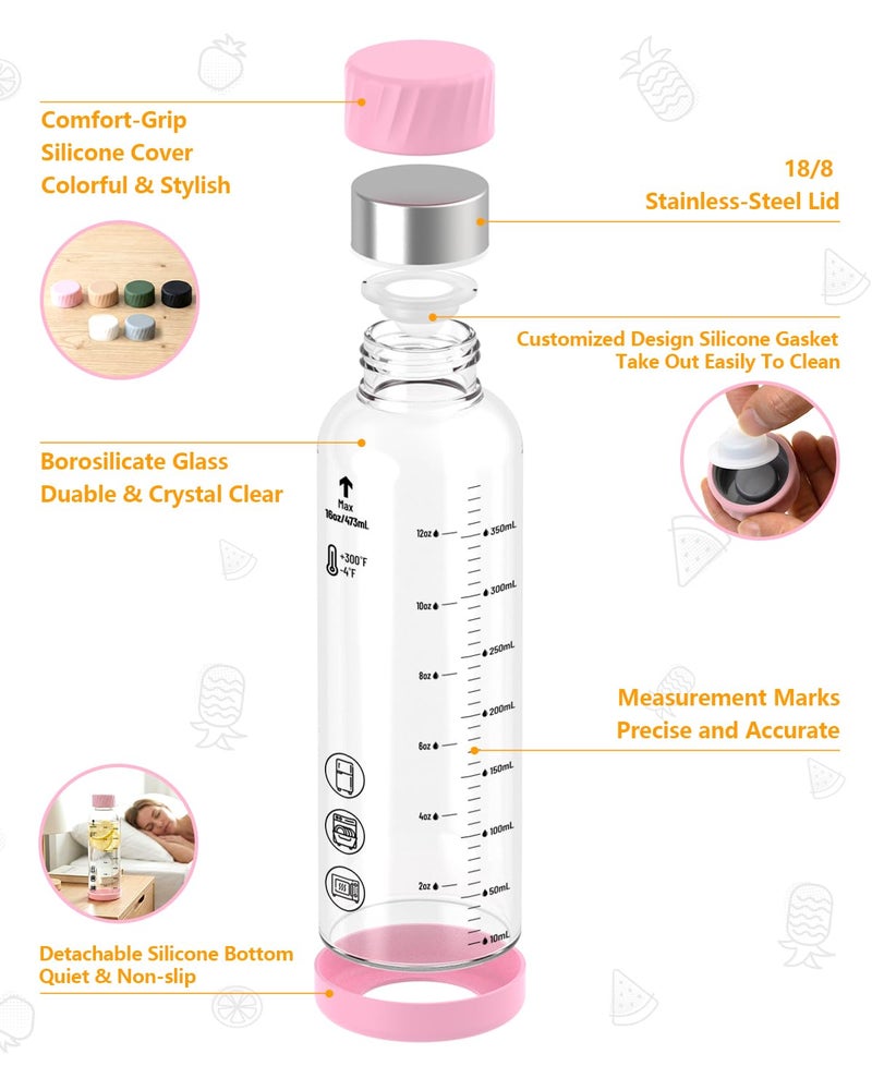 Zukro 12oz Glass Water Bottles with Stainless Steel Lid & Measurment Marking - Leak Proof, BPA Free, Reusable Borosilicate Bottle For Juicing, Protein, Juice & Smoothies - 6 Pack - Image 3