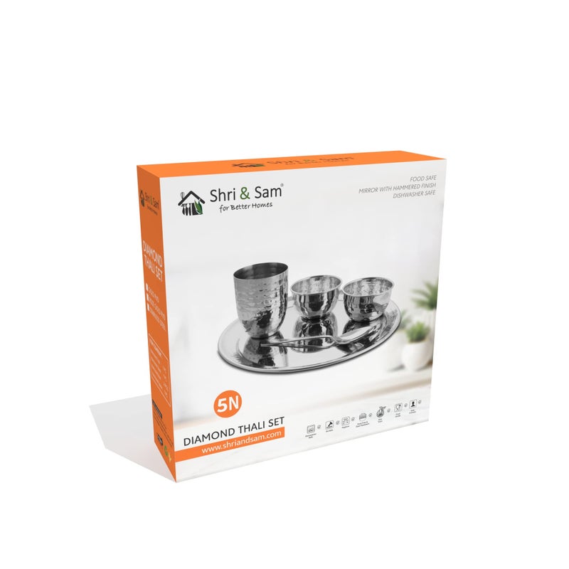 Shri & Sam Shri & Sam Stainless Steel Silver Hammered Diamond Thali Set  - Image 4