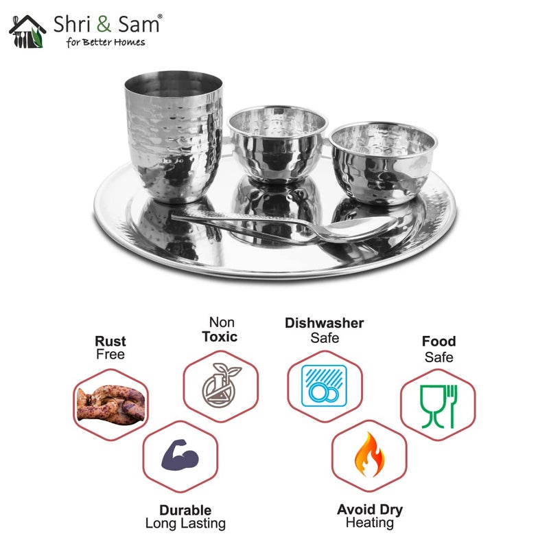 Shri & Sam Shri & Sam Stainless Steel Silver Hammered Diamond Thali Set  - Image 5