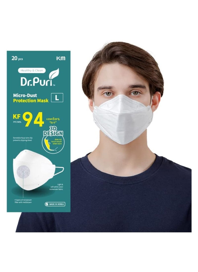 Dr. Puri - Dr. Puri KF94 Micro-Dust Protection Face Mask (White) PFE 94% (20pcs Individually Sealed /box) (Large) - Image 1