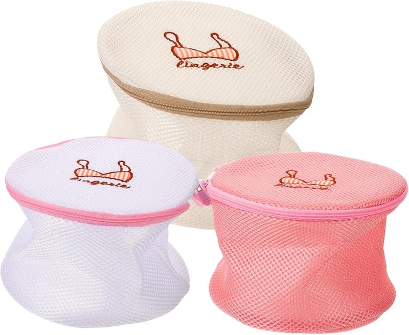 3 قطع أكياس غسيل شبكية سميكة بسحاب لحماية الملابس الحساسة أثناء السفر أبيض وردي بيج - Image 1