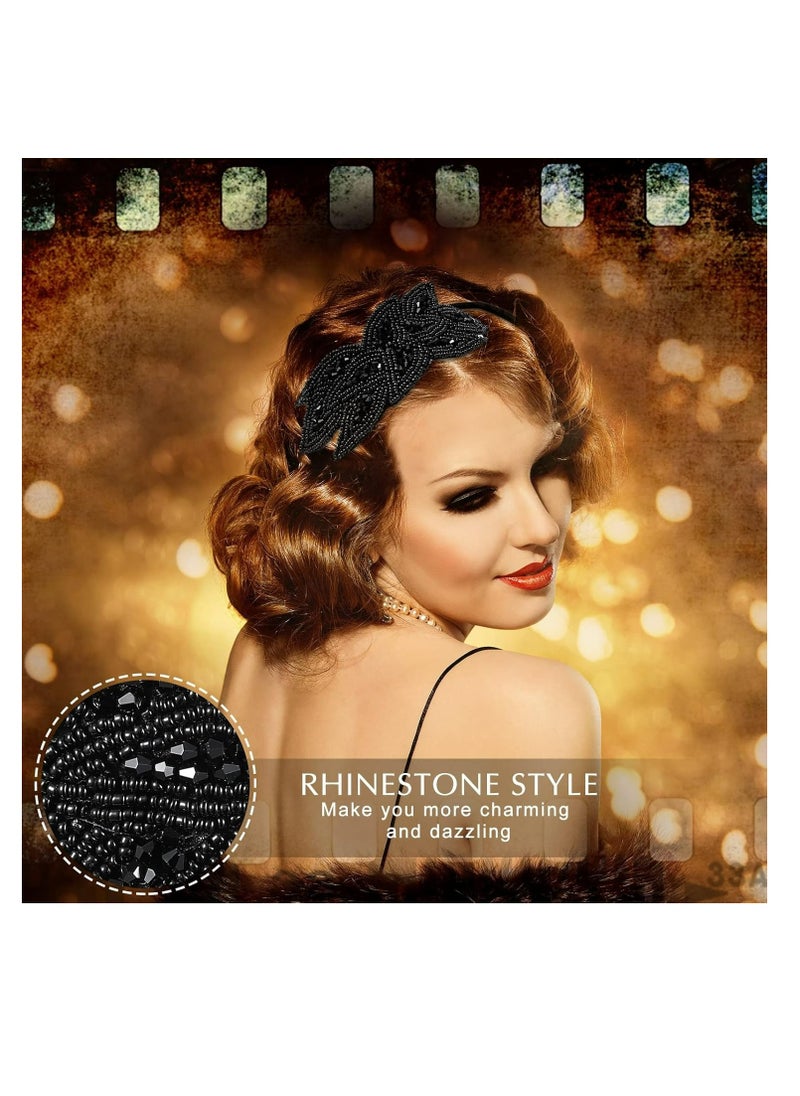 Oasisgalore - 1920s Headbands for Women 3 Pieces Black Flapper Headpiece Beaded Leaf 1920s Accessories Valentines - Image 1