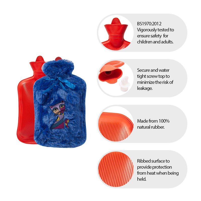 Biggdesign 2L Large Hot Water Bag with Soft Plush Cover, Cold & Hot Compress, Washable Hot Water Bag for Cramps, Neck and Back Pain, Feet and Shoulders, Navy Blue - Image 4