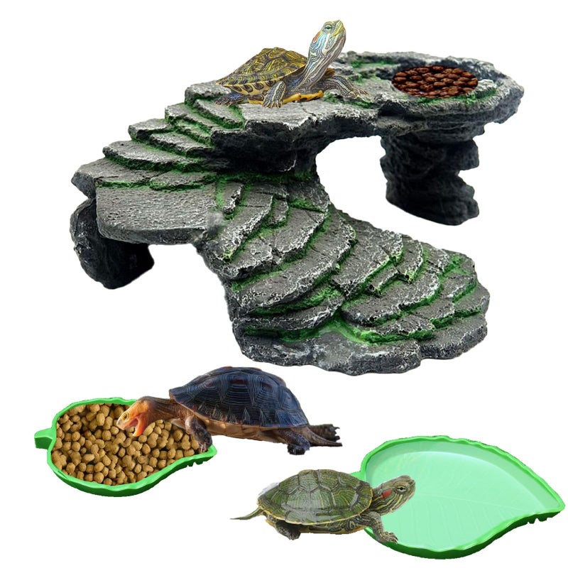 3PCS Turtle Basking Platform Tortoise Resin Dock Tortoise Climbing Ramp Shale with Leaf Tortoise Food Dish Reptile Food Water Bowls Great for Reptiles,Amphibians and Fish - Image 1