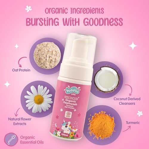 Puddles Organic Kids Nourishing Foaming Face & Body Wash (100 ml)|Unicorn Magic- Age 2-12 Years |Cosmos Organic Certified |Turmeric, Milk Protein, Neroli Oil |Tear Free, pH Balanced,No Sulfate-Paraben - Image 2