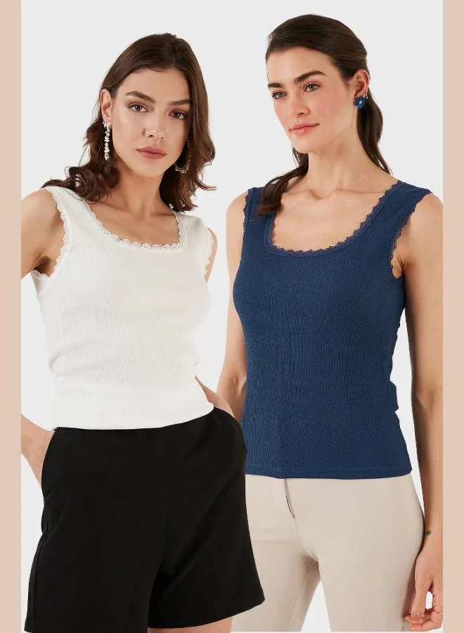 Lela Lela Slim Fit Thick Lace Square Neck Crinkle Fabric 2-Pack Women's Tank Top 5864979S2