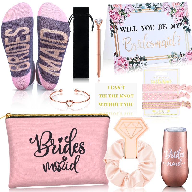 Yexiya 13 Pcs Bridesmaid Proposal Gifts Set Will You Be My Bridesmaid Gift 6 oz Stainless Steel Wine Tumbler Socks Scrunchie Pen for Engagement Wedding Bachelorette Party SupplyElegant
