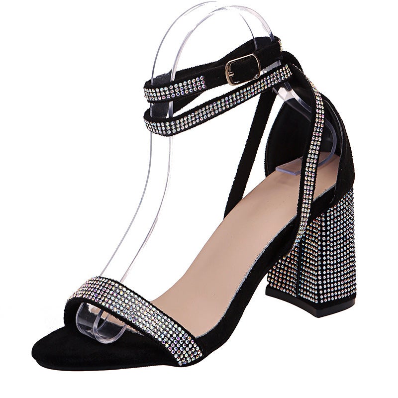 Long-Term Supply Plus Size New Cross-Strap Hollow Thick-Heeled High-Heeled Rhinestone Roman Sandals - Image 2