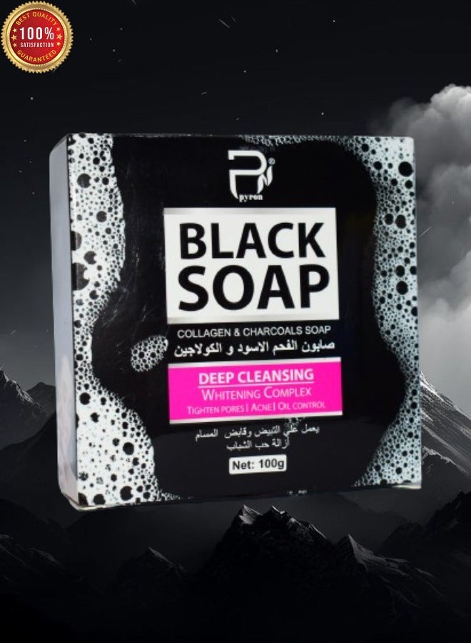 PYRON Black Soap Collagen And Charcoals Soap Deep Cleansing Whitening Complex Tighten Pores Ance And Oil Control 100 Grams - Image 1