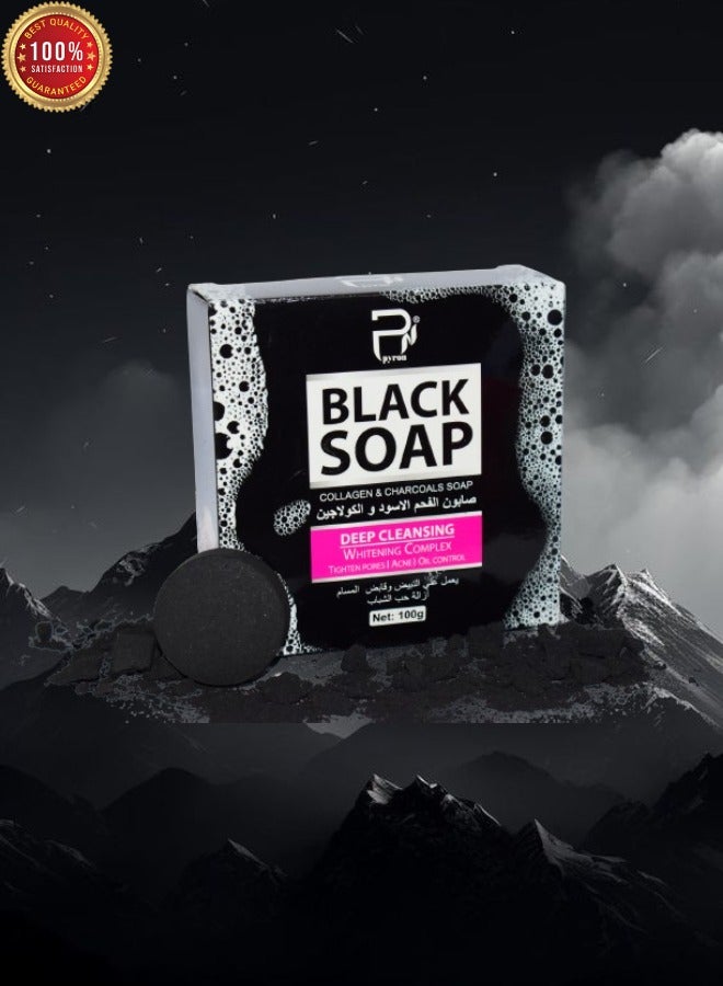 PYRON Black Soap Collagen And Charcoals Soap Deep Cleansing Whitening Complex Tighten Pores Ance And Oil Control 100 Grams - Image 3