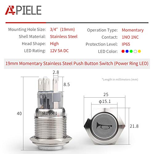 APIELE 19mm 12V Momentary Speaker Horn Push Button Toggle Switch 3/4" Mounting Hole 1NO 1NC SPDT with Pre-Wiring Socket for Car Auto Motor (Blue) - Image 2