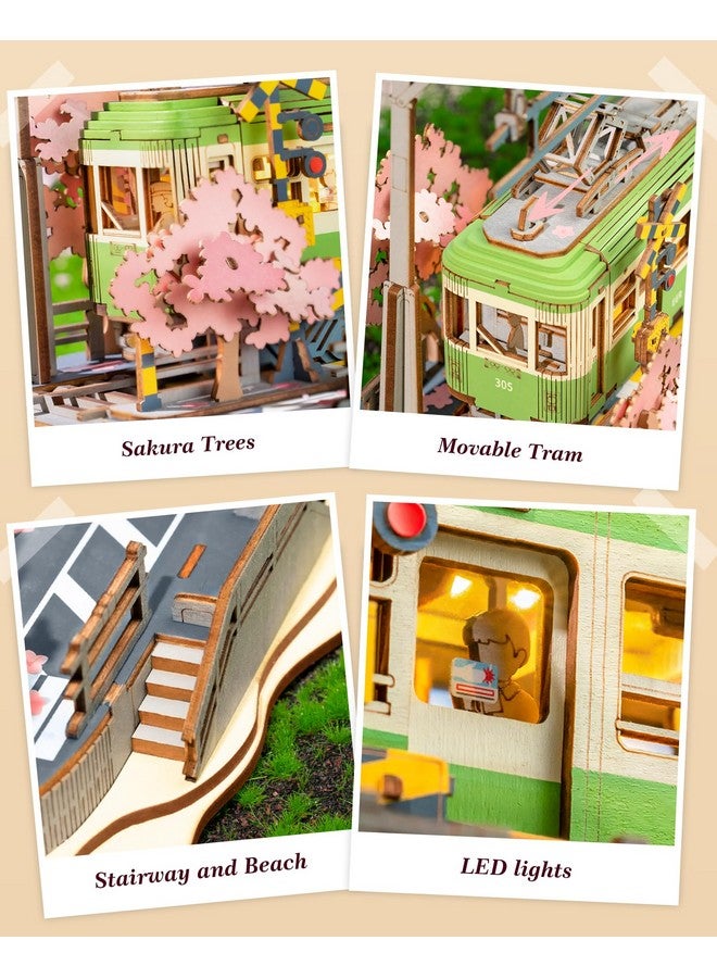 Robotime 3D Puzzles For Adults Diy Model Building Toy With Led Light Wooden Craft Kits Diorama Tram Hobby For Kids Brain Teaser Gift (Sakura Journey) - Image 3