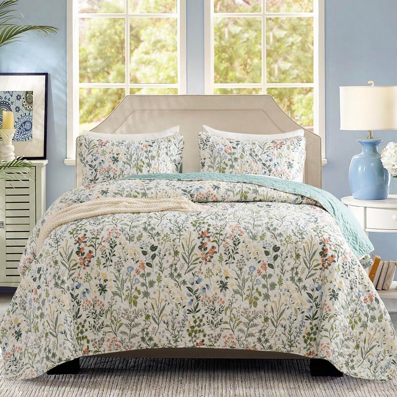 BUPIRD Quilt Set Twin Floral 2 Pieces Soft Lightweight Microfiber Bedspread Twin Quilt Bedding Set Garden Style Floral Printed Quilt Set 1 Quilt and 1 Pillow Sham for All Season - Image 1
