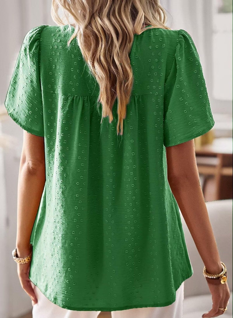 Falechay Womens Summer Tops Solid Blouses for Women Fashion 2026 Short Sleeve Boho Pullover Flowy Round Neck Tunic Fall Loose Kelly Green L - Image 3