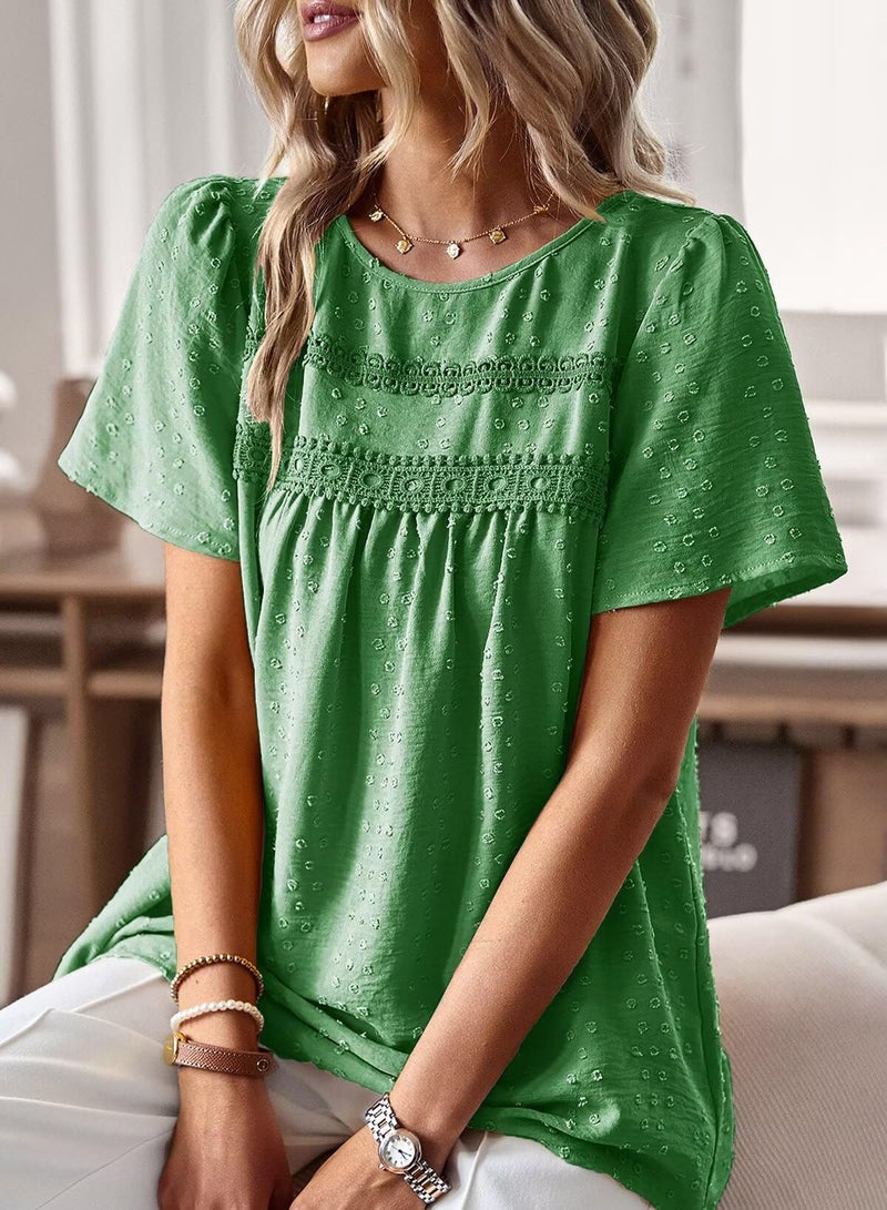 Falechay Womens Summer Tops Solid Blouses for Women Fashion 2026 Short Sleeve Boho Pullover Flowy Round Neck Tunic Fall Loose Kelly Green L - Image 2
