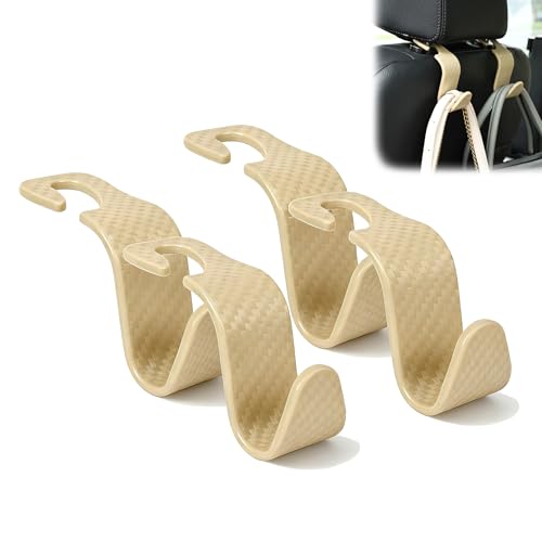 Amooca Car Seat Headrest Hook 4 Pack Hanger Universal Vehicle Car Storage Organizer for Handbag Purse Coat S Type Checkered Beige - Image 1