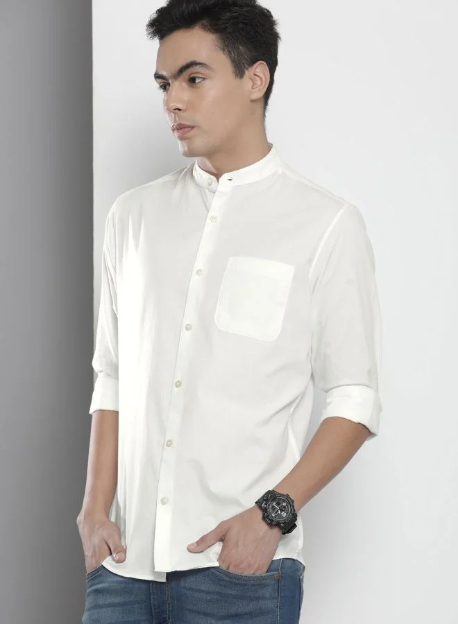 The Indian Garage Co Men Regular Fit Solid Full Sleeves Mandarin Collar Casual Shirt