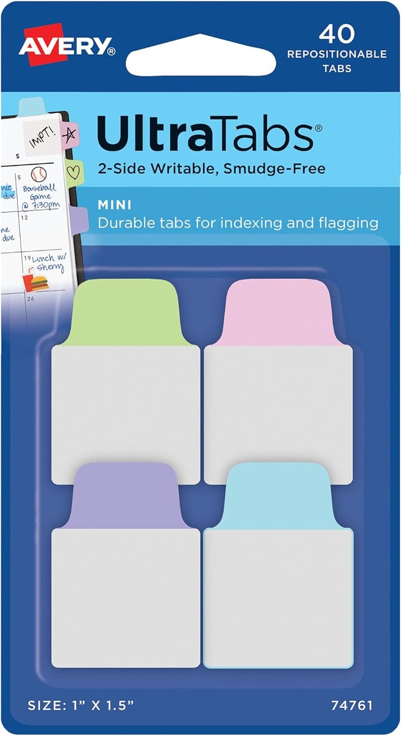 AVERY Mini Ultra Tabs, 1" x 1.5", 2-Side Writable, Assorted Pastel Colors, 40 Repositionable Tabs (74761) - Image 1