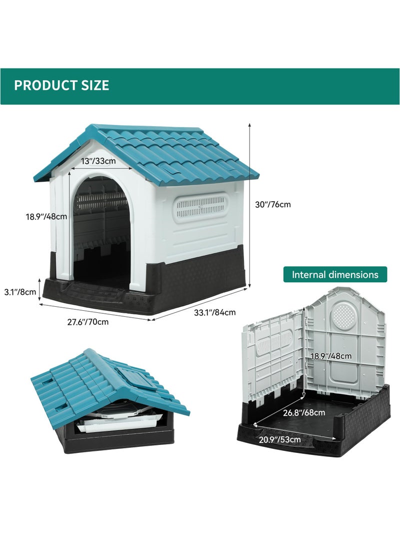 Folding Large Dog House Outdoor Plastic Dog House with Adjustable Skylight and Elevated Base Water Resistant Pet House for Small, Medium Dogs 84*70*76 cm