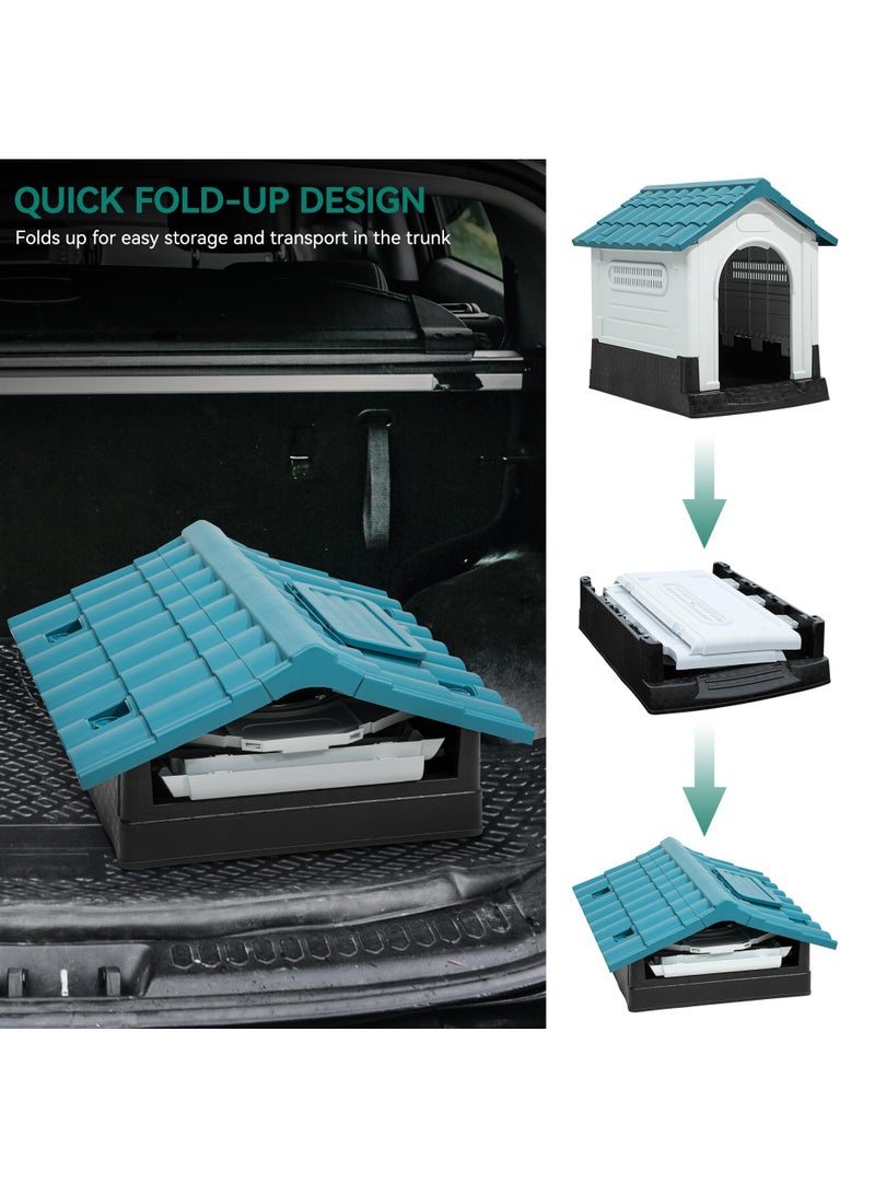 Folding Large Dog House Outdoor Plastic Dog House with Adjustable Skylight and Elevated Base Water Resistant Pet House for Small, Medium Dogs 84*70*76 cm