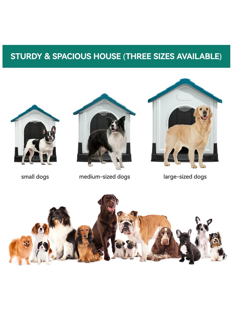 Folding Large Dog House Outdoor Plastic Dog House with Adjustable Skylight and Elevated Base Water Resistant Pet House for Small, Medium Dogs 84*70*76 cm