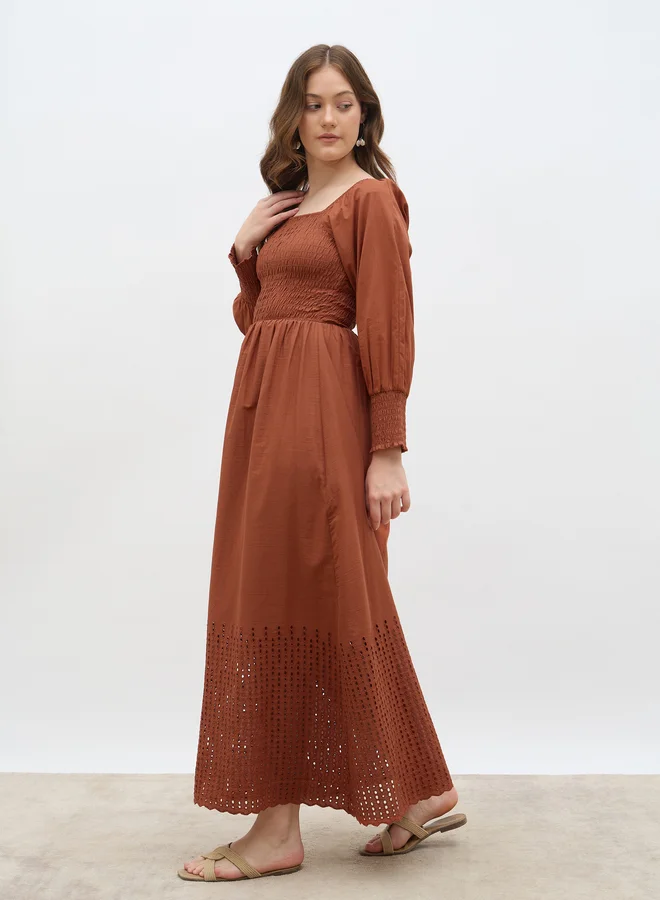 Styli Styli Women Rust Smocked Square Neck A-Line Maxi Dress with Schiffli Hem