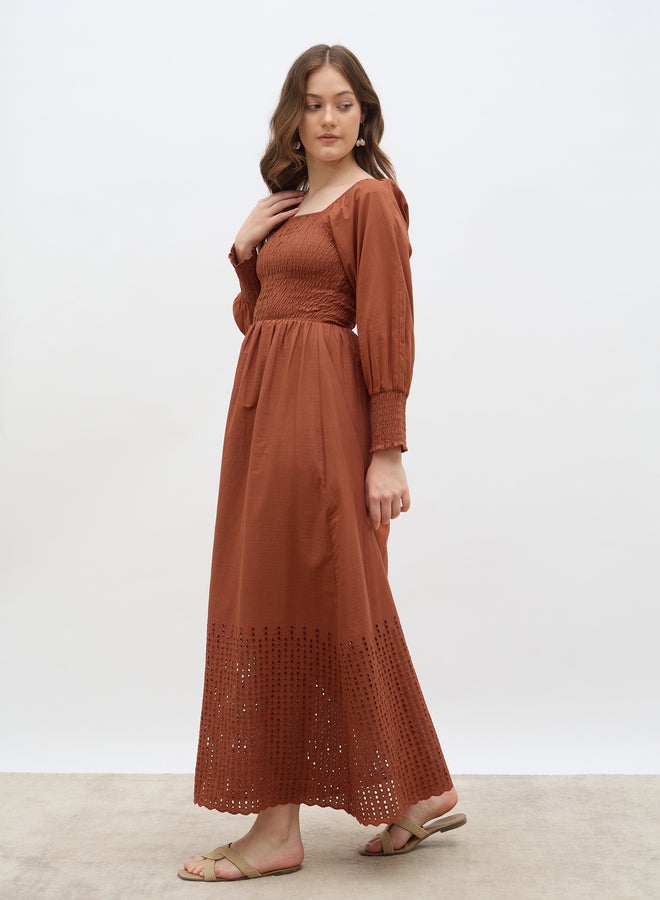 Styli Women Rust Smocked Square Neck A-Line Maxi Dress with Schiffli Hem - Image 3