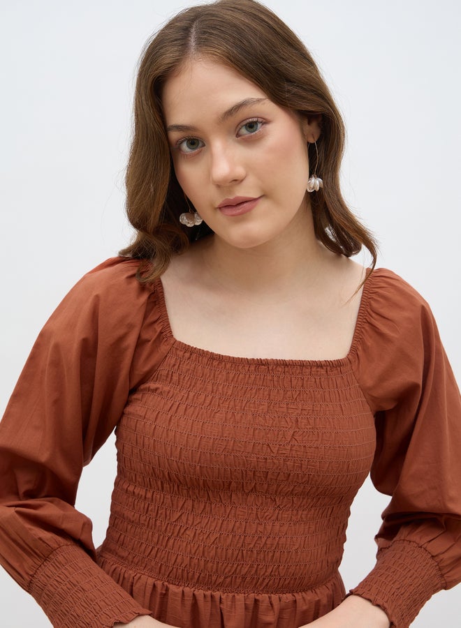 Styli Women Rust Smocked Square Neck A-Line Maxi Dress with Schiffli Hem - Image 4